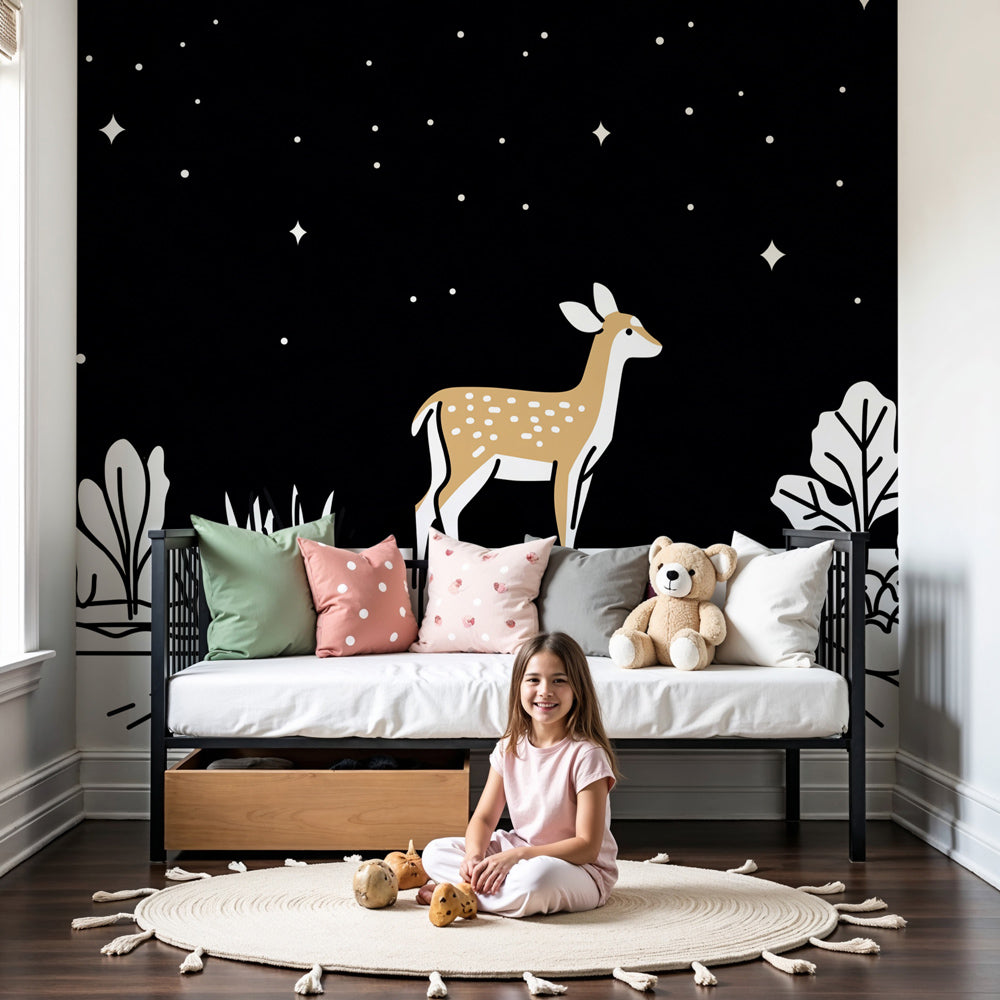 Deer stars mural wallpaper creating magical night forest atmosphere in modern nursery by Kids-Mundo