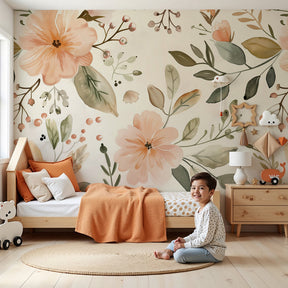 Delicate floral mural wallpaper with pastel botanical design in modern nursery by Kids-Mundo