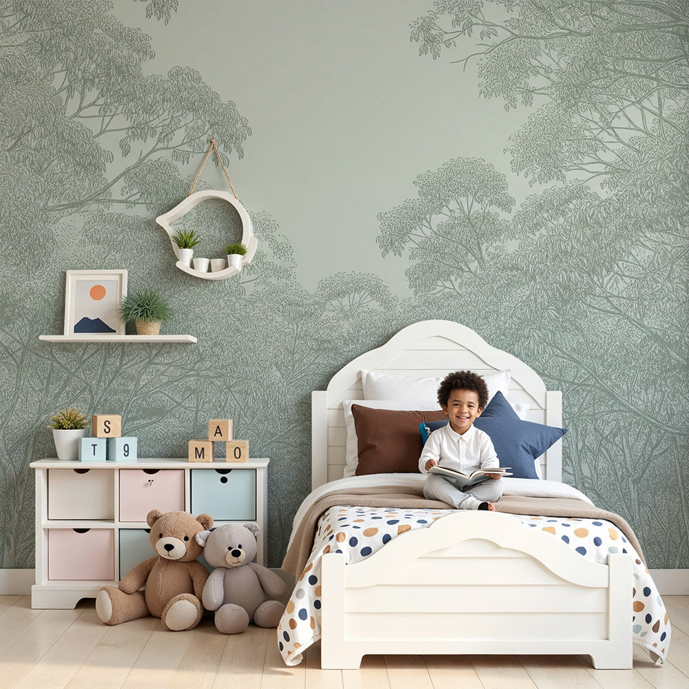 Kids-Mundo delicate forest canopy wall mural styled above a cot in a soft nursery