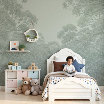 Kids-Mundo delicate forest canopy wall mural styled above a cot in a soft nursery