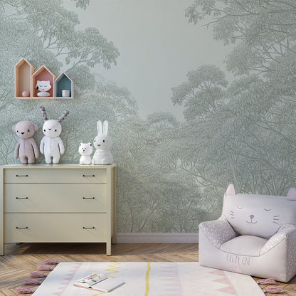Kids-Mundo forest canopy wall mural set behind a reading corner in a playroom