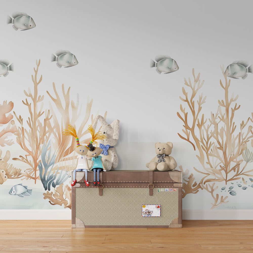 Kids-Mundo coral reef wall mural with silvery fish covering a playroom wall