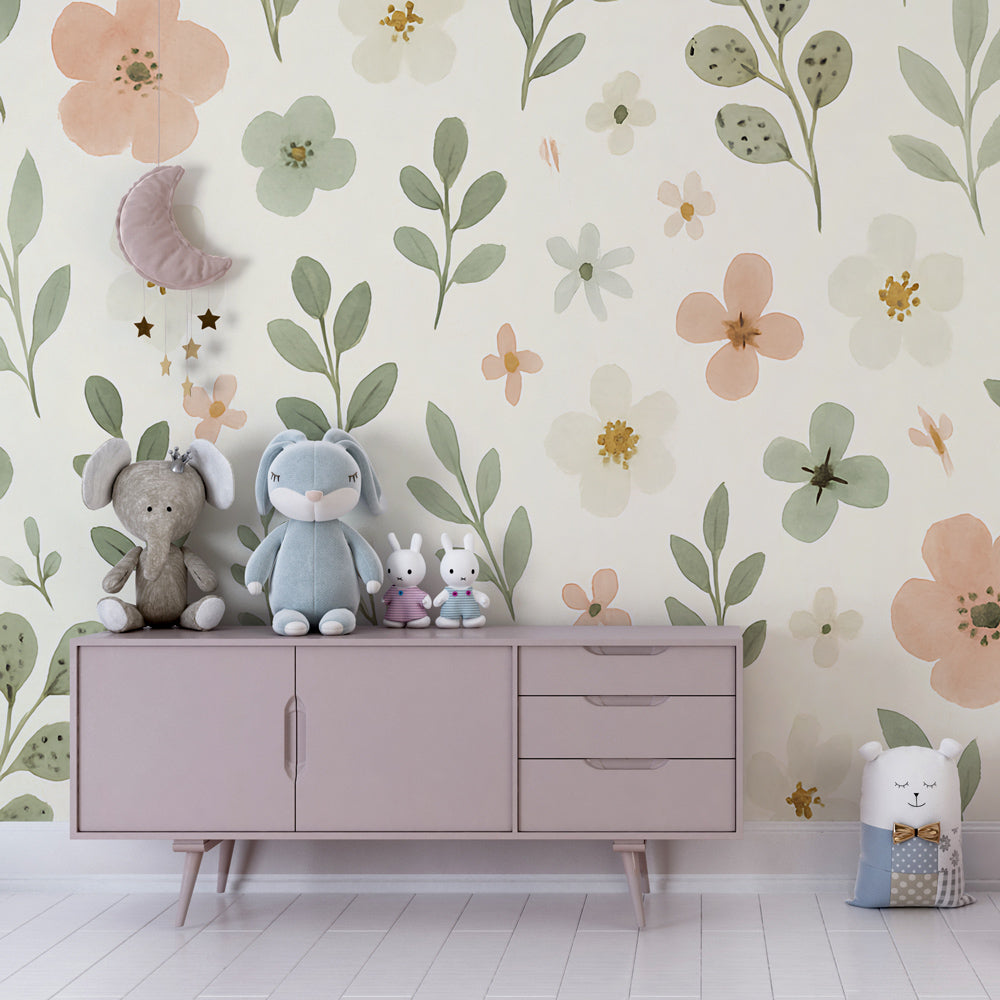 Kids-Mundo delicate floral pattern wall mural decorating a child's bedroom wall