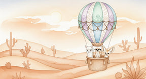 Detailed desert animals hot air balloon mural wallpaper design pattern with cacti by Kids-Mundo