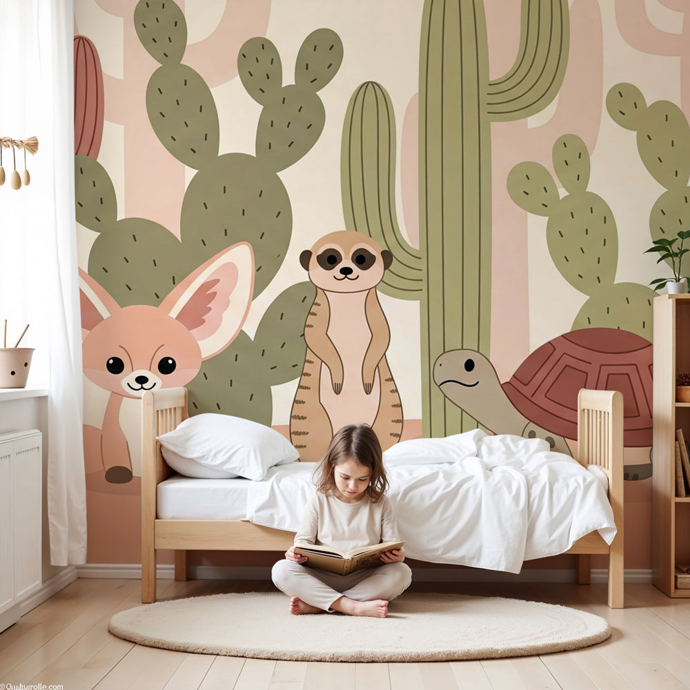 Desert animals mural wallpaper with fox and cactus in modern nursery by Kids-Mundo