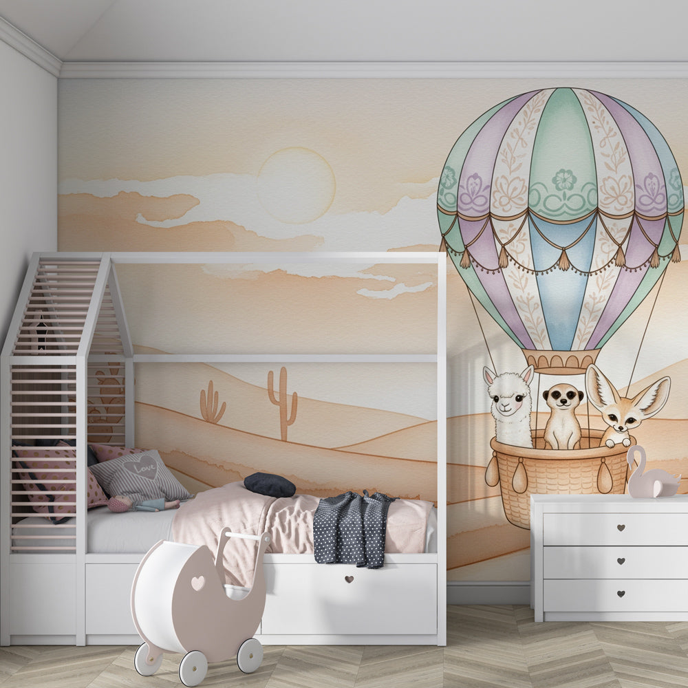 Desert animals mural wallpaper with llama and meerkat in bright children's playroom setting