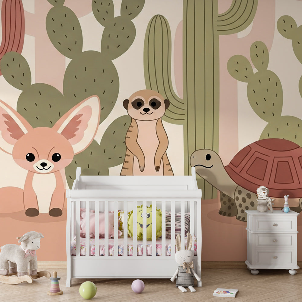 Cactus and desert animals wallpaper transforming playroom into safari adventure space