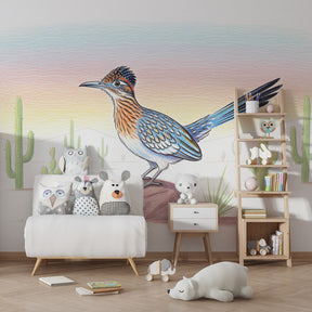 Colorful desert bird wallpaper transforming children's bedroom with cacti and gradient sky design