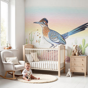 Desert bird mural wallpaper creating nature-themed nursery decor with colorful wildlife scene by Kids-Mundo