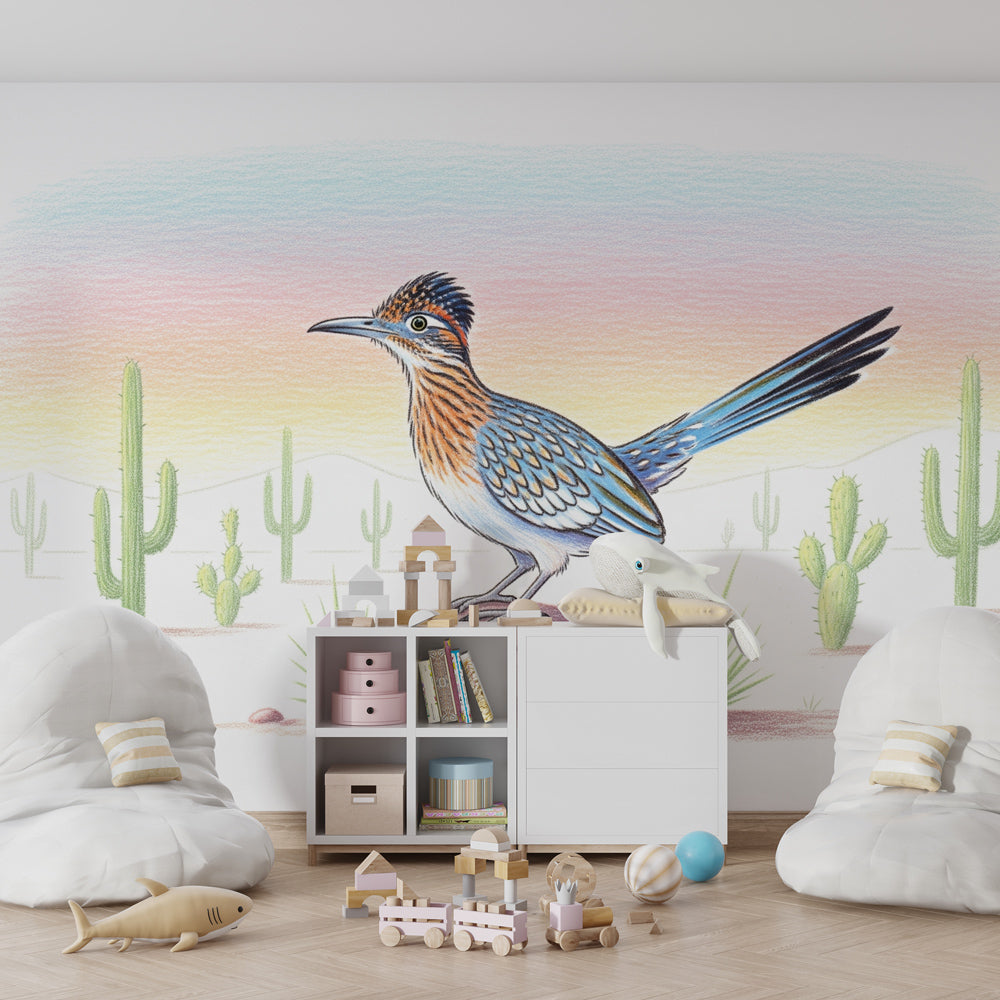 Nature adventure mural wallpaper featuring desert bird and cacti in modern kids playroom setting