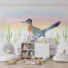 Nature adventure mural wallpaper featuring desert bird and cacti in modern kids playroom setting