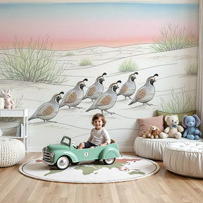 Desert birds mural wallpaper in bright nursery with white crib and natural wood accents by Kids-Mundo