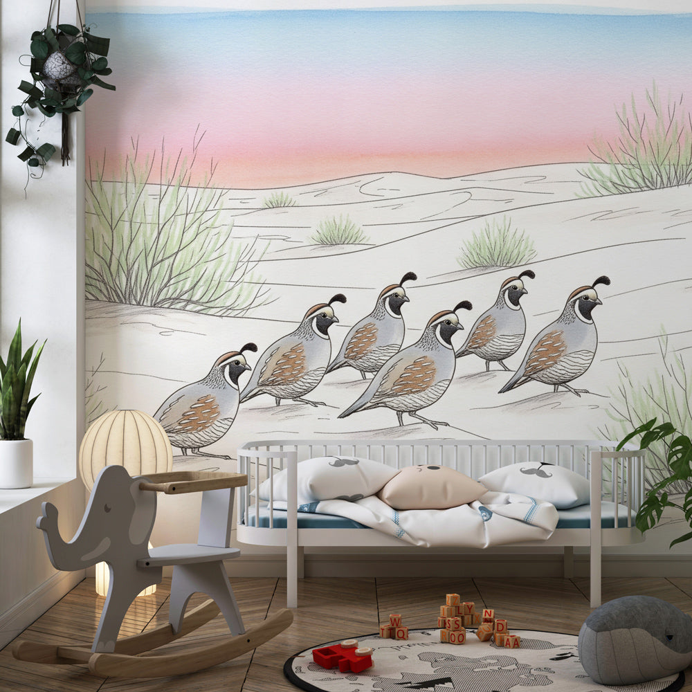 Peaceful desert birds wallpaper creating serene toddler bedroom with soft pink blue gradient sky