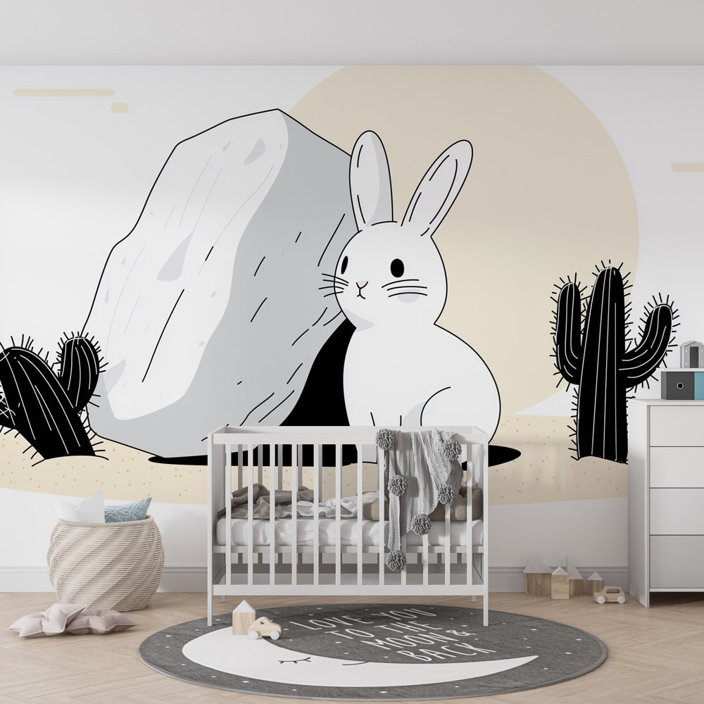 Minimalist desert bunny wallpaper in modern children's bedroom with wooden furniture and warm lighting