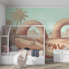 Mystical desert wallpaper with camels and palm trees decorating children's bedroom space