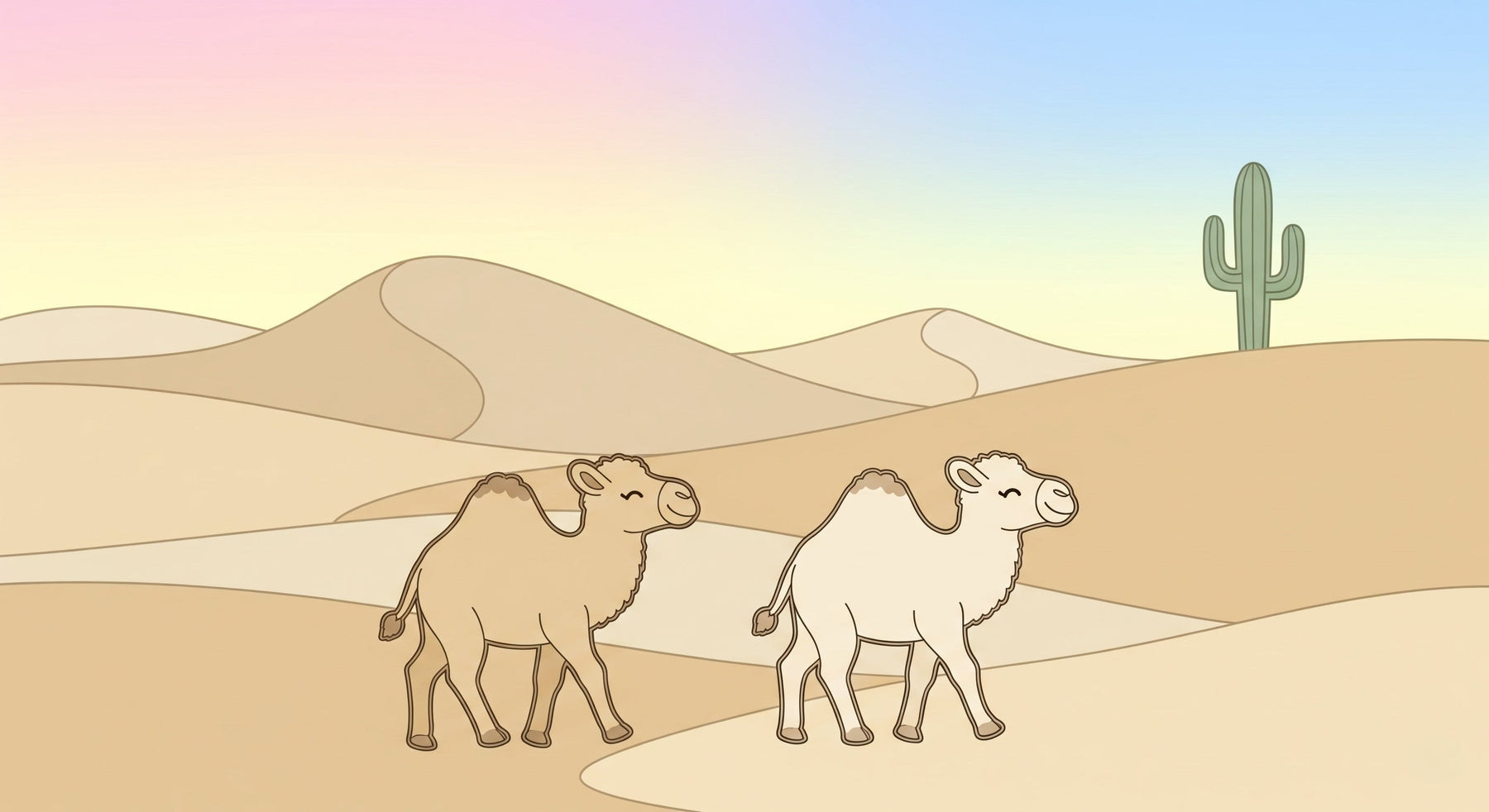 Detailed desert camel mural wallpaper design pattern showing friendly camels and cactus by Kids-Mundo