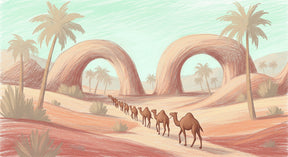 Detailed desert camel mural wallpaper design pattern with mystical arches by Kids-Mundo