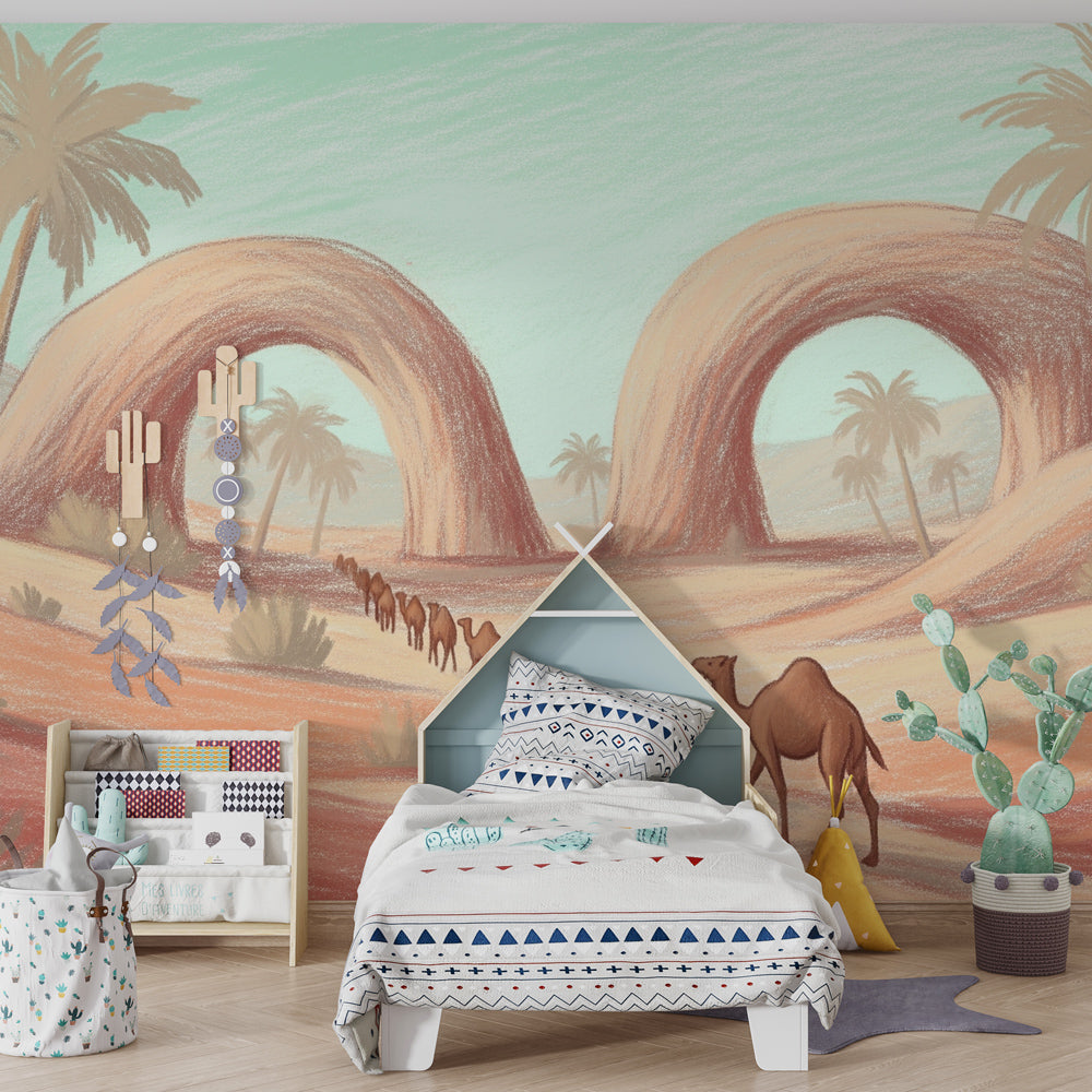 Desert camel mural wallpaper creating mystical oasis atmosphere in modern nursery by Kids-Mundo