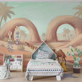 Desert camel mural wallpaper creating mystical oasis atmosphere in modern nursery by Kids-Mundo