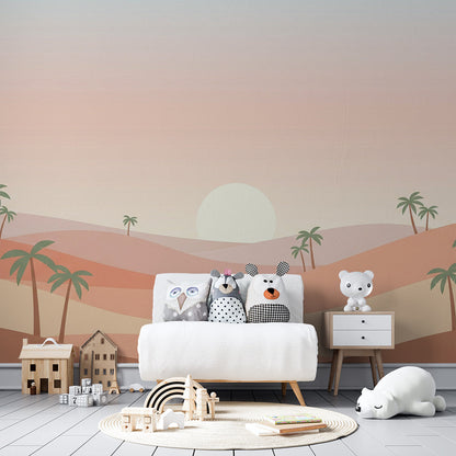Kids-Mundo desert sunset mural decorating a cosy kids bedroom feature wall