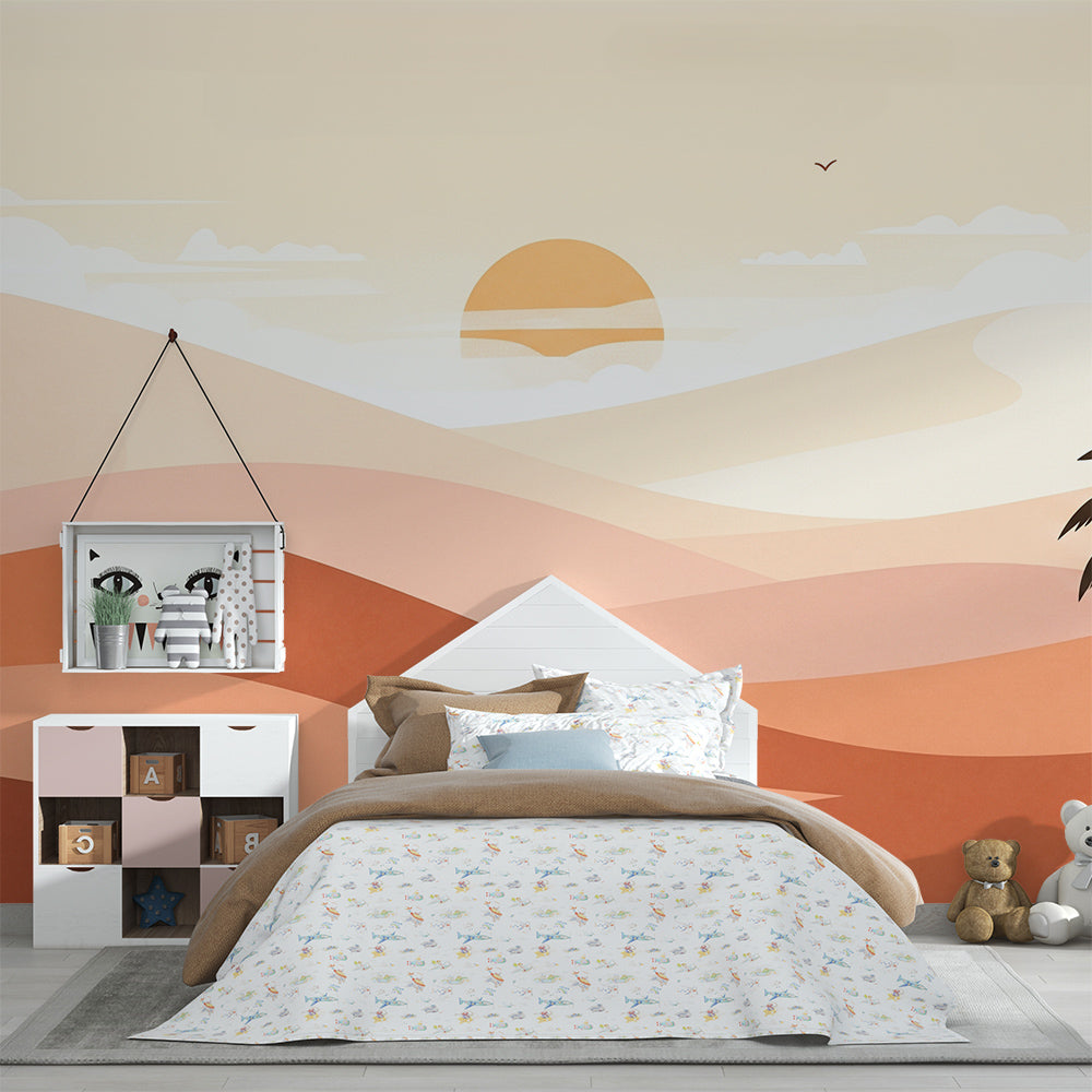 Kids-Mundo terracotta desert sunset wall mural behind a bed in a warm-toned kids bedroom
