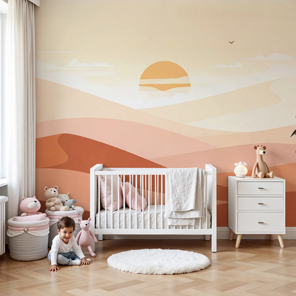 Kids-Mundo desert dunes and palm tree wall mural styled in a warm, gender-neutral baby nursery