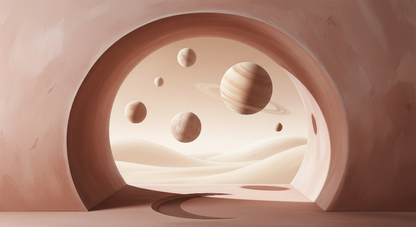 Kids-Mundo flat artwork of a desert archway with floating ringed planets and moons over dunes