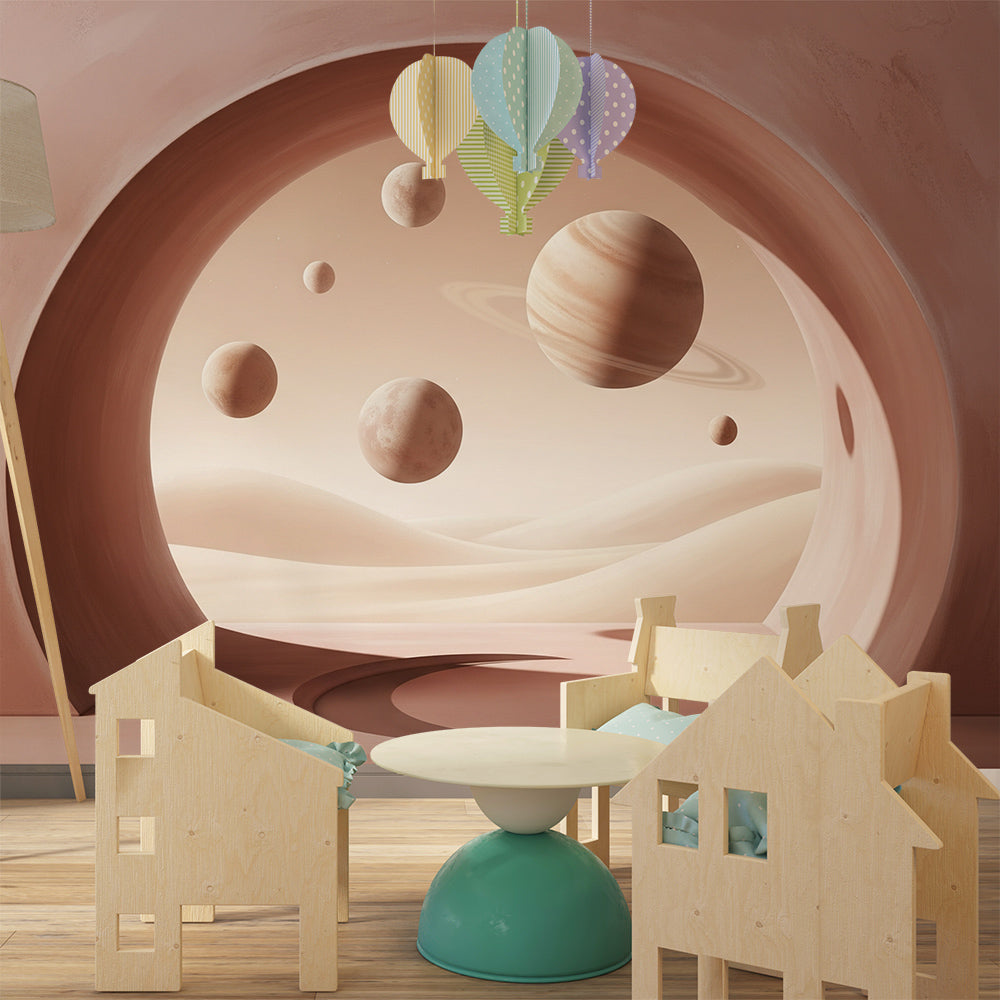 Kids-Mundo sandy archway planets mural brightening a playful children's playroom wall