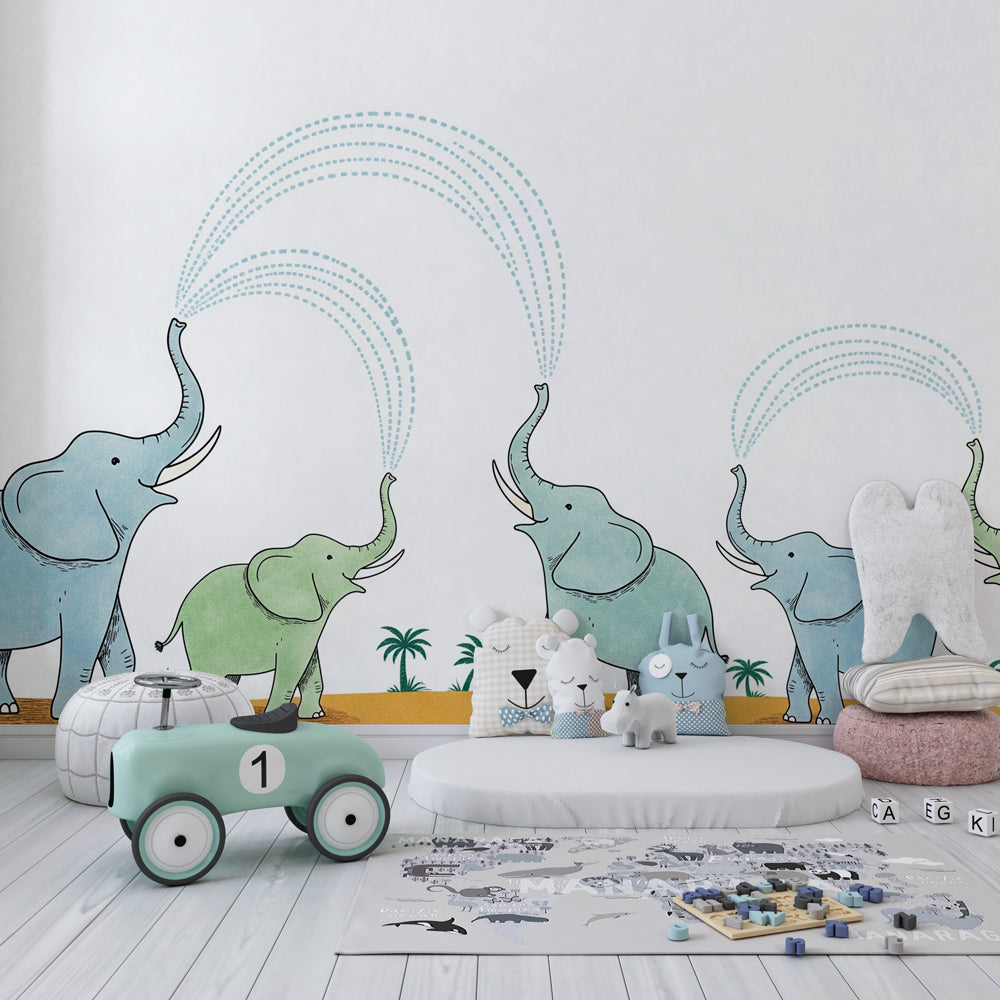 Safari animal mural wallpaper with cheerful elephants in modern children's room by Kids-Mundo