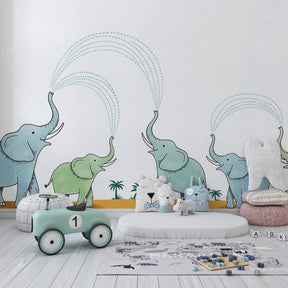 Safari animal mural wallpaper with cheerful elephants in modern children's room by Kids-Mundo
