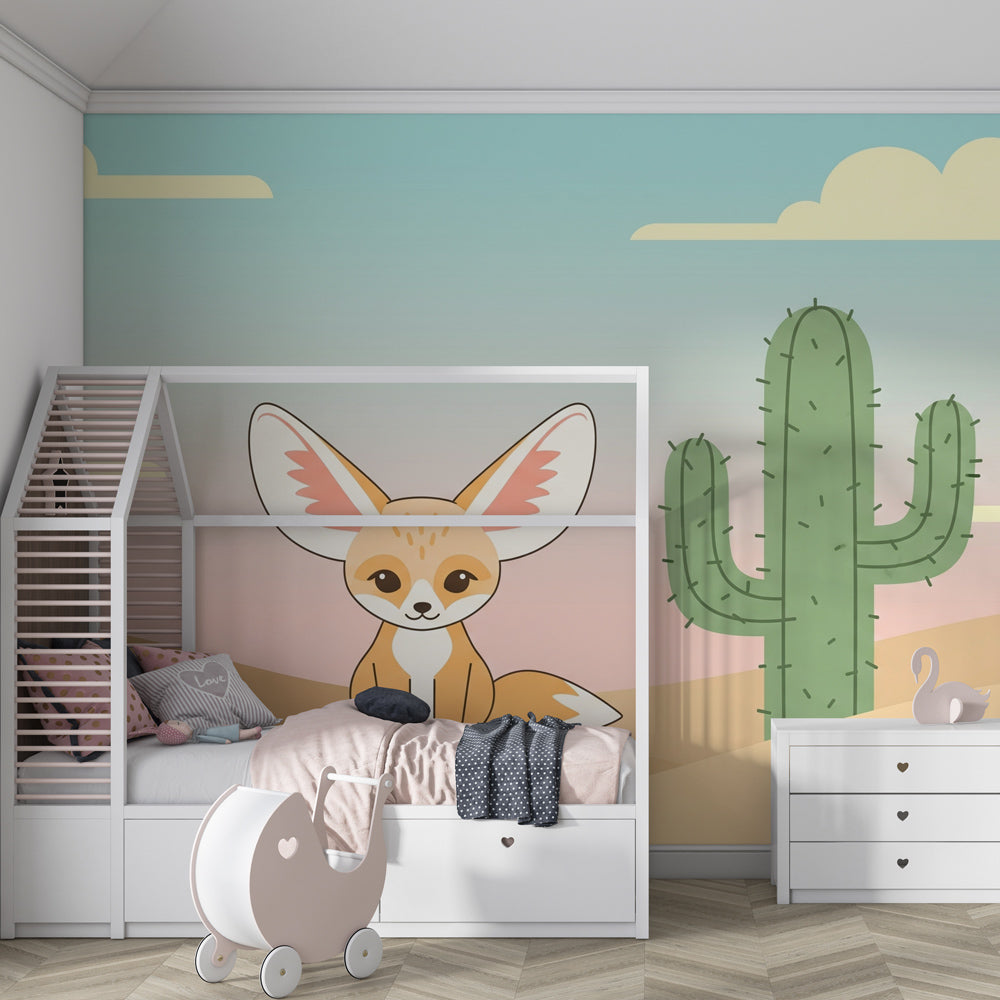 Adorable fox wallpaper in soft pastels transforming baby bedroom into desert oasis by Kids-Mundo