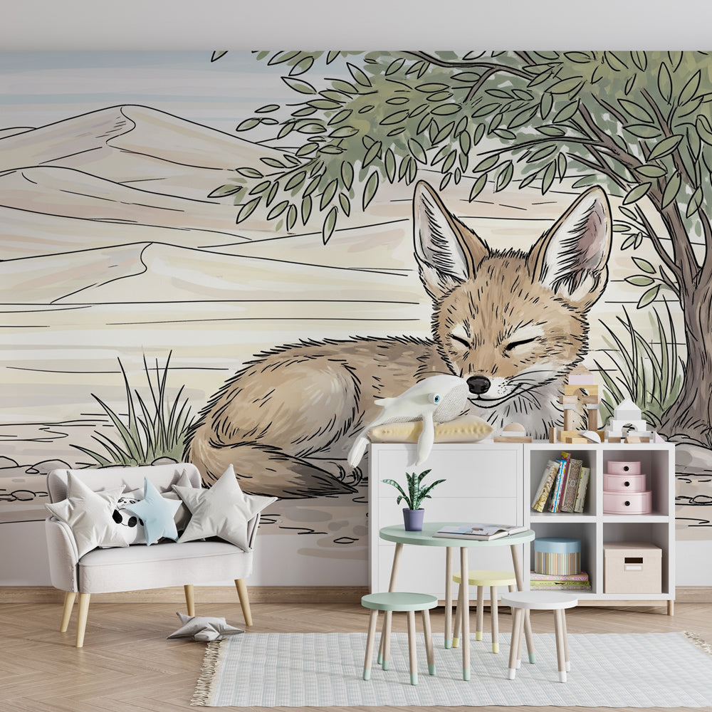 Calming desert fox wallpaper in modern kids bedroom with natural wood furniture and soft lighting