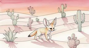 Detailed desert fox mural wallpaper design pattern with cacti and rolling dunes by Kids-Mundo