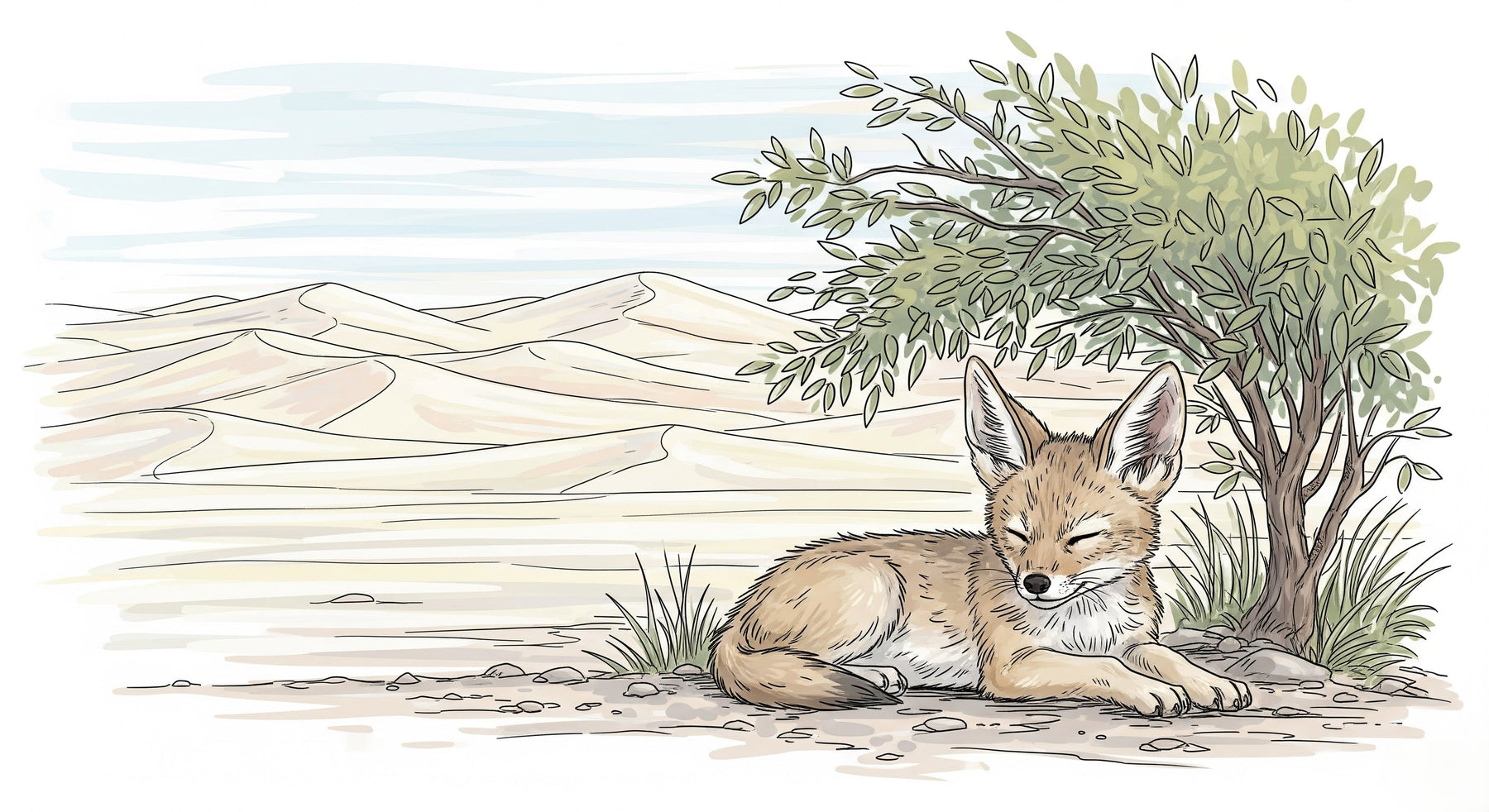 Detailed desert fox mural wallpaper design pattern showing sleeping fox in sand dunes by Kids-Mundo