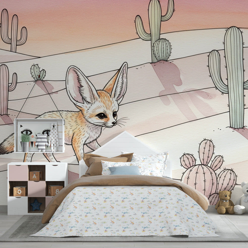 Fennec fox wallpaper transforming children's bedroom with peaceful desert landscape theme