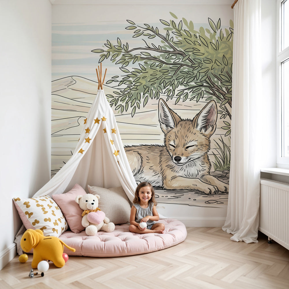 Desert fox mural wallpaper creating peaceful nursery atmosphere with sleeping animal design by Kids-Mundo