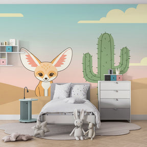 Charming desert fox mural wallpaper with cactus creating peaceful children's room decor
