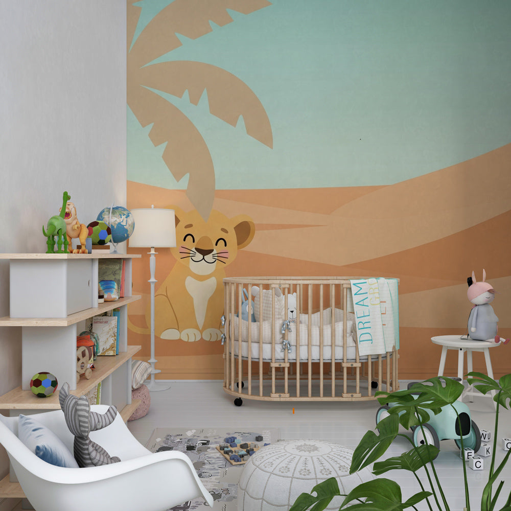 Children's desert lion wallpaper transforming playroom into safari adventure space