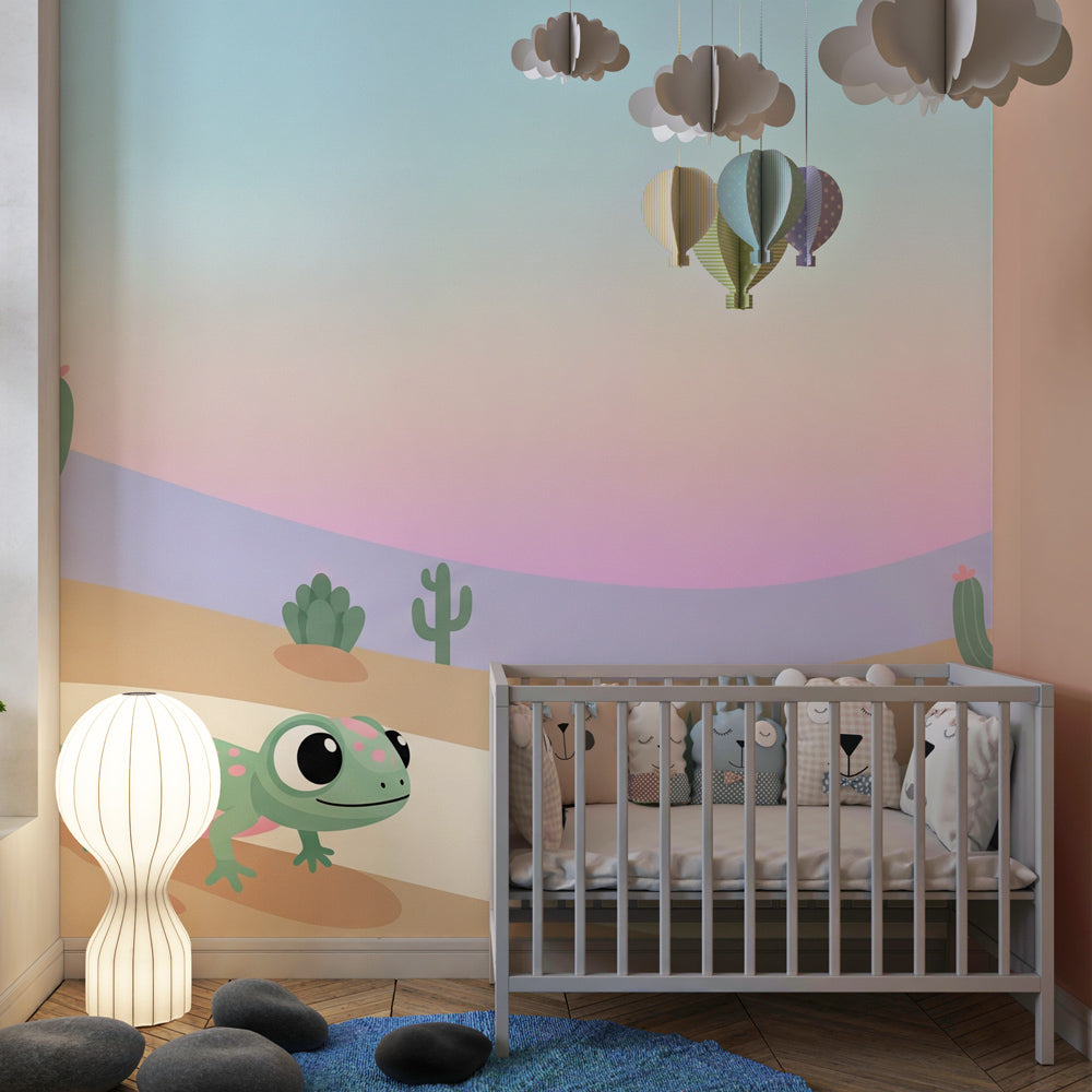 Colorful desert cactus wallpaper creating adventure-themed kids bedroom decor
