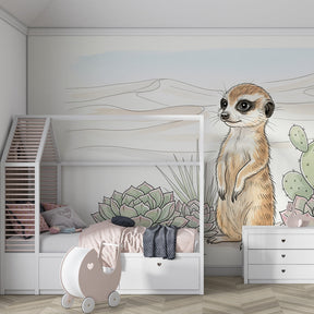 Charming meerkat wallpaper in modern kids bedroom with natural desert theme and pastel colors