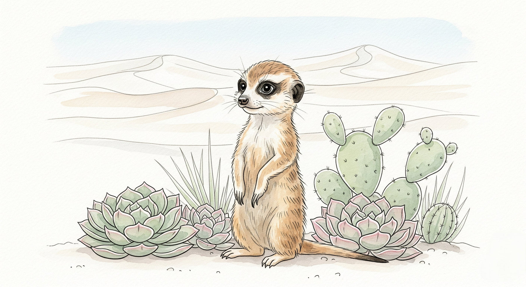 Detailed desert meerkat mural wallpaper design pattern with succulents and cacti by Kids-Mundo