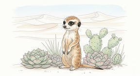 Detailed desert meerkat mural wallpaper design pattern with succulents and cacti by Kids-Mundo