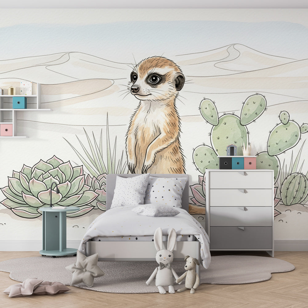 Safari animal mural wallpaper featuring curious meerkat in bright children's playroom setting