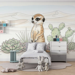 Safari animal mural wallpaper featuring curious meerkat in bright children's playroom setting