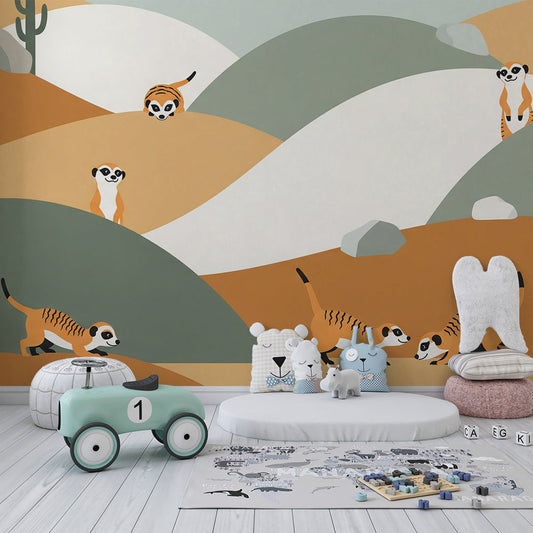 Kids-Mundo meerkat desert wall mural covering a feature wall in an animal-themed kids bedroom