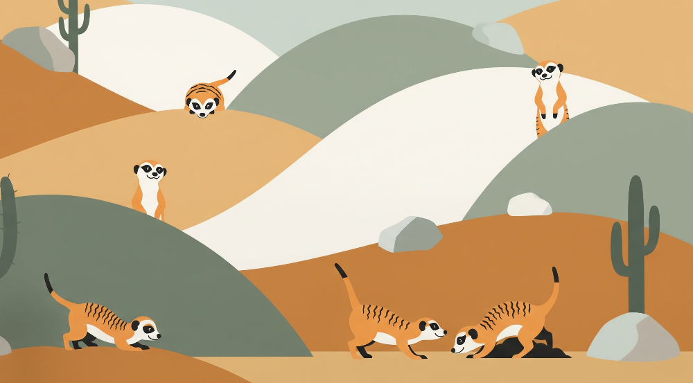 Kids-Mundo flat artwork of meerkats among desert dunes, cacti and boulders in terracotta and sage