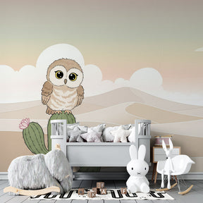 Cute owl cactus wallpaper transforming baby bedroom into peaceful desert oasis by Kids-Mundo