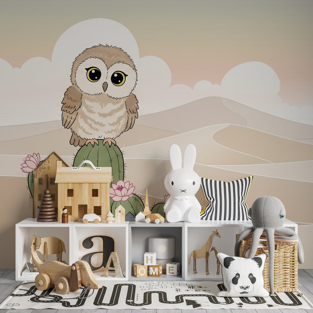 Nature themed owl wallpaper for children's playroom featuring gentle desert landscape by Kids-Mundo