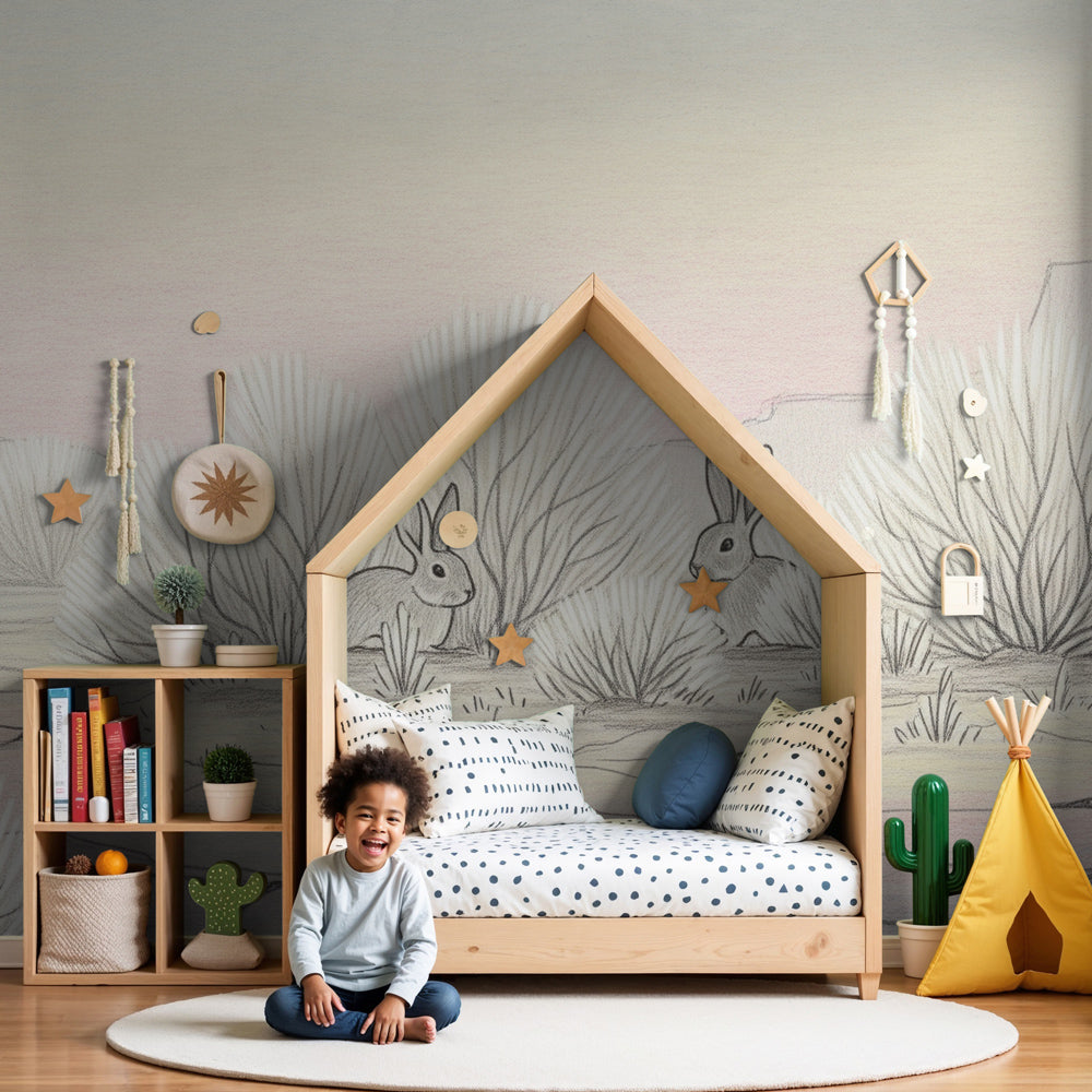 Desert rabbits mural wallpaper in soft pastel nursery with wooden crib by Kids-Mundo