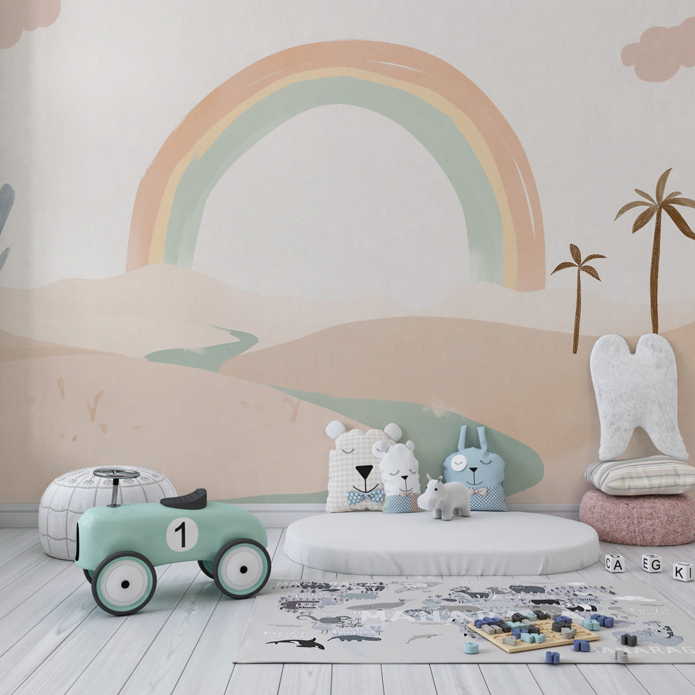 Soft rainbow desert mural wallpaper transforming kids playroom into peaceful oasis by Kids-Mundo